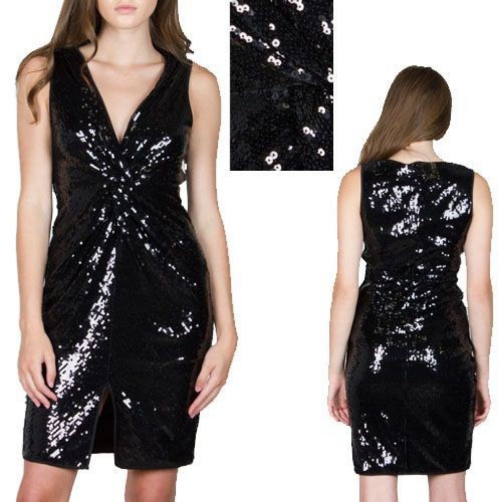 Black sequin twist front cocktail dress